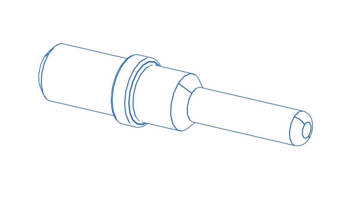Wireframe CAD render of a solid machined Deutsch size-12 pin contact