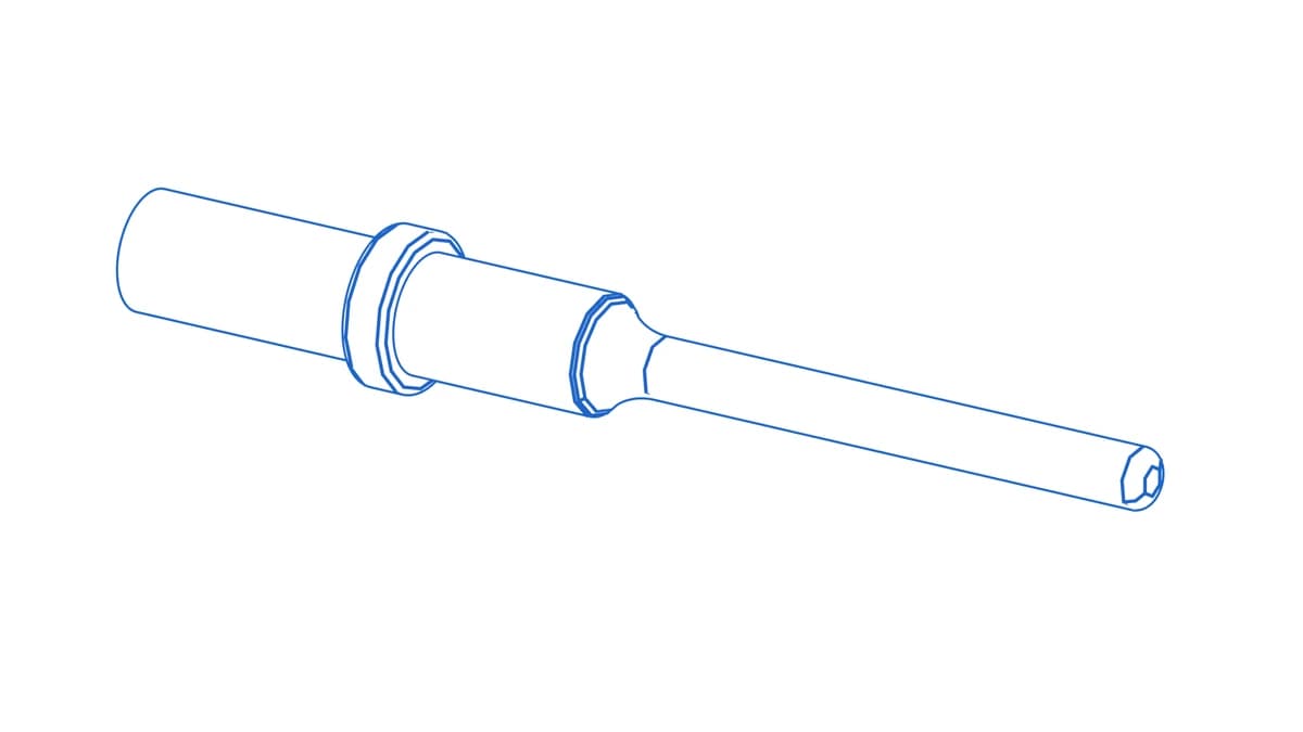 Wireframe CAD render of a solid machined Deutsch size-20 pin contact