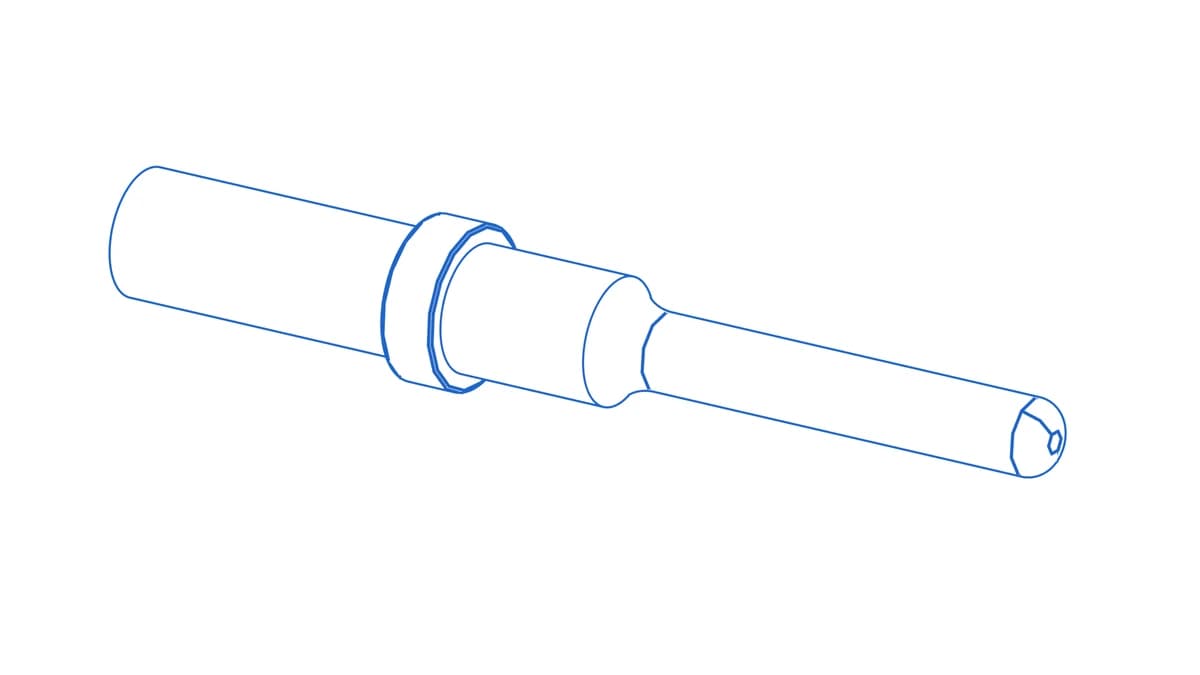 Wireframe CAD render of a solid machined Deutsch size-16 pin contact