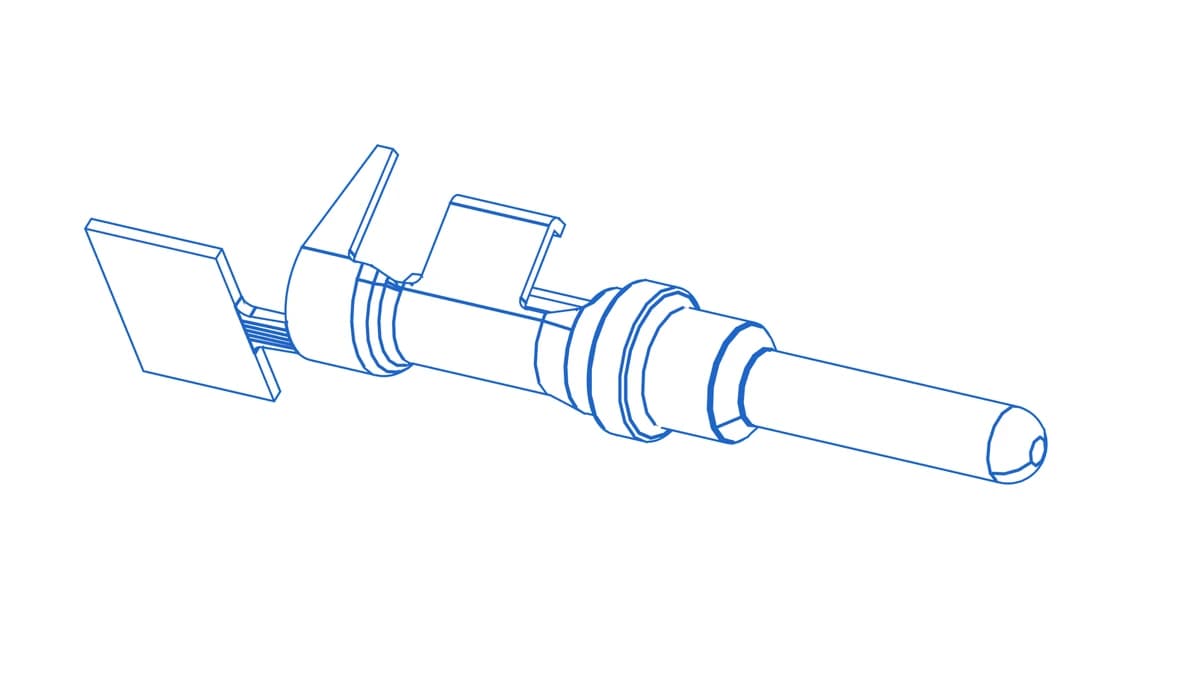 Wireframe CAD render of a stamped and formed Deutsch size-12 pin contact with carrier-strip tab