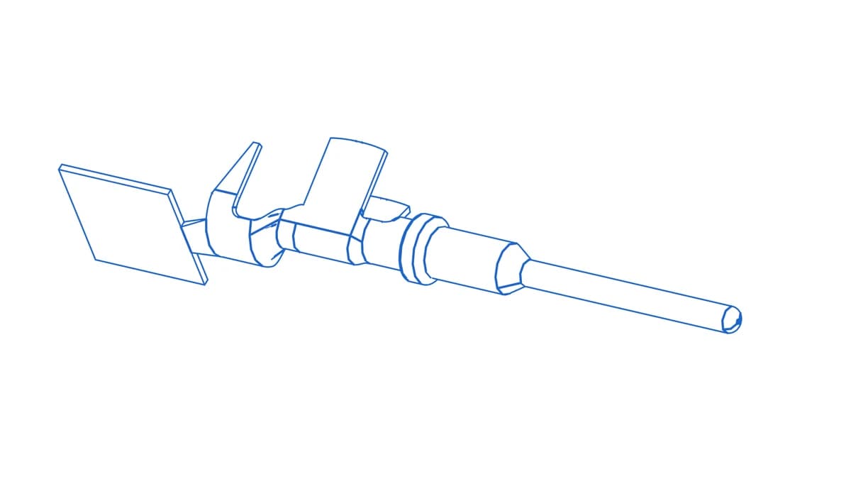Wireframe CAD render of a stamped and formed Deutsch size-20 pin contact with carrier-strip tab