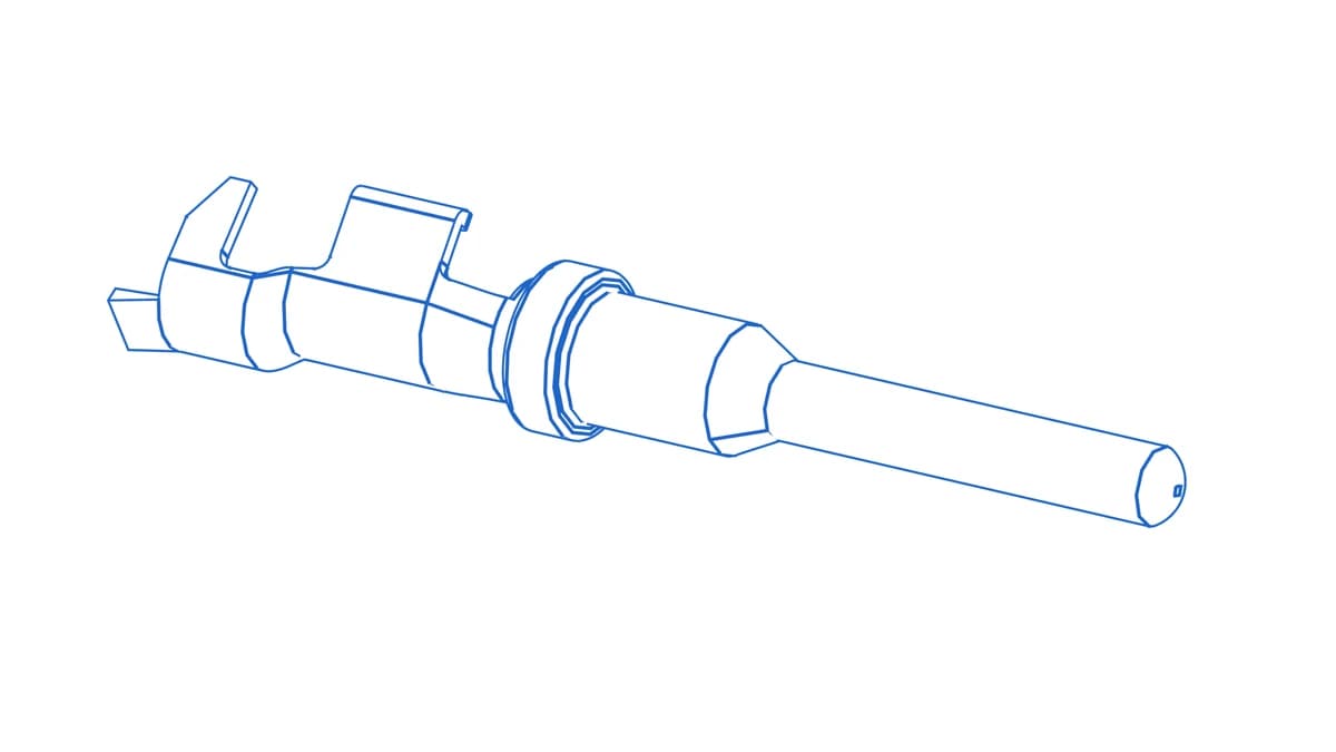 Wireframe CAD render of a stamped and formed Deutsch size-16 pin contact