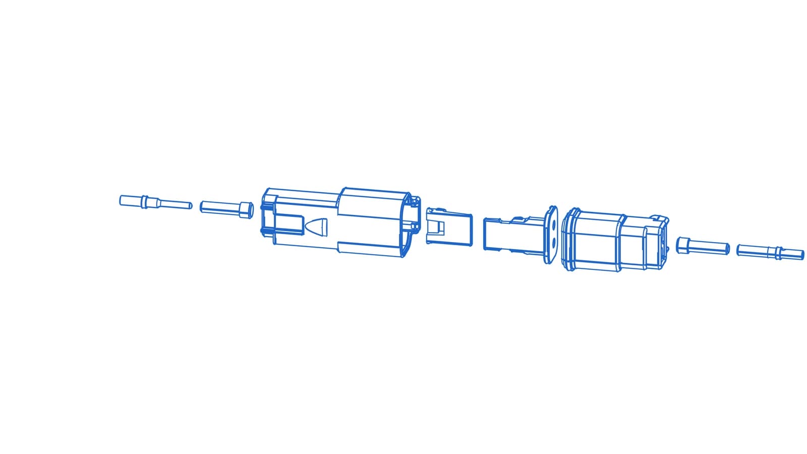 Wireframe CAD exploded view of a 2-position Deutsch DT connection: pin contact, cavity plug, DT04-2P receptacle, W2P and W2S wedgelocks, DT06-2S plug, cavity plug, and socket contact