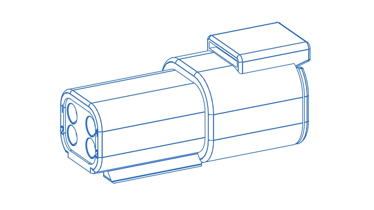 Wireframe CAD render of a Deutsch DTM04-4P receptacle housing