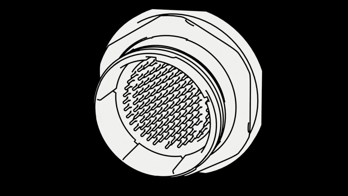 Wireframe CAD render of a MIL-DTL-38999 circular connector plug