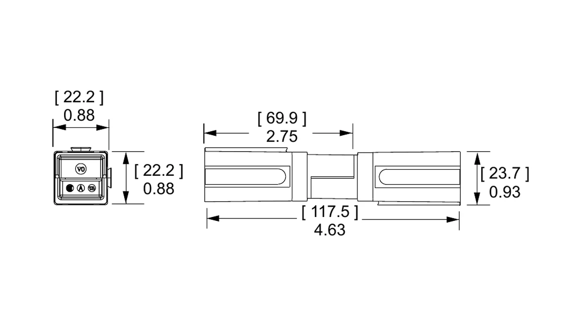 Front view and mated length dimension drawings for Anderson Powerpole PP120 housings