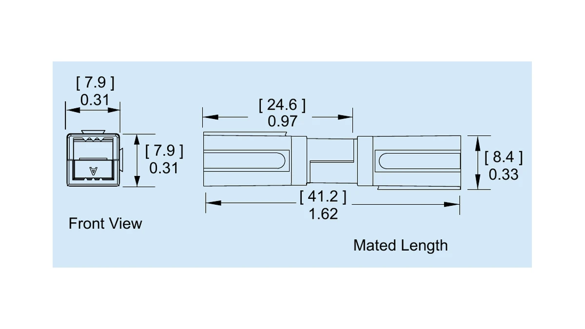 Front view and mated length dimension drawings for Anderson Powerpole PP15-45 housings
