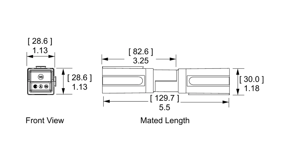 Front view and mated length dimension drawings for Anderson Powerpole PP180 housings