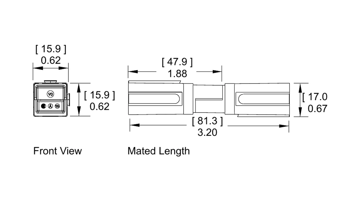 Front view and mated length dimension drawings for Anderson Powerpole PP75 housings