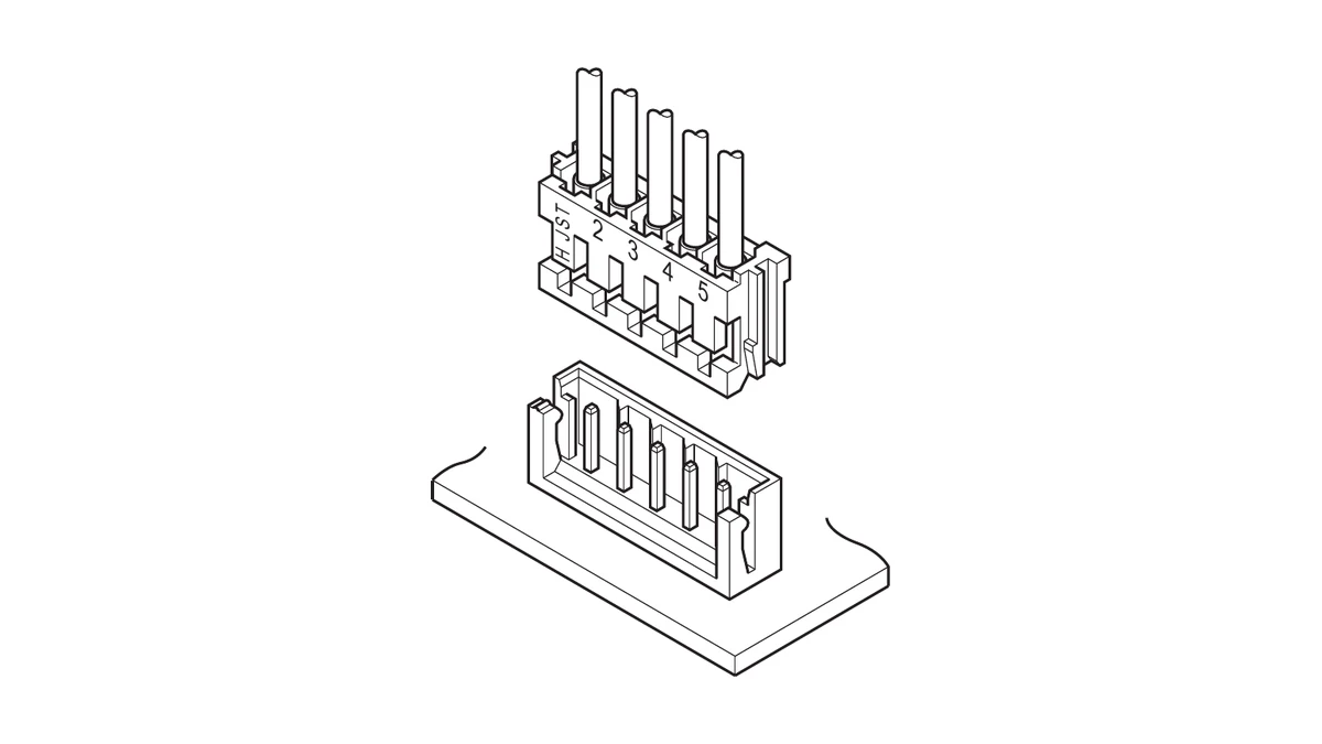 Line drawing of a five-position JST EH wire housing above a vertical board header