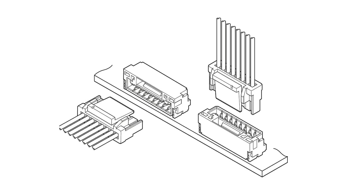 Line drawing of a JST GH pigtail housing beside vertical and right-angle board headers
