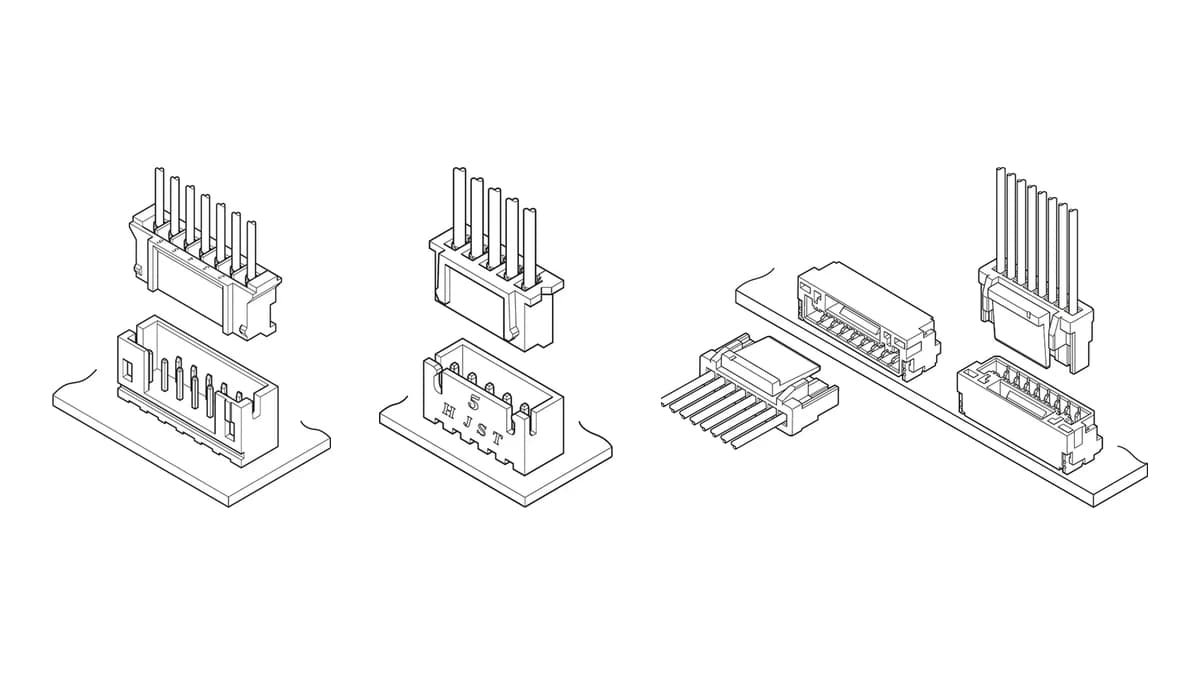 Line drawings of JST PH and XH wire housings above board headers and a JST GH pigtail housing with board headers
