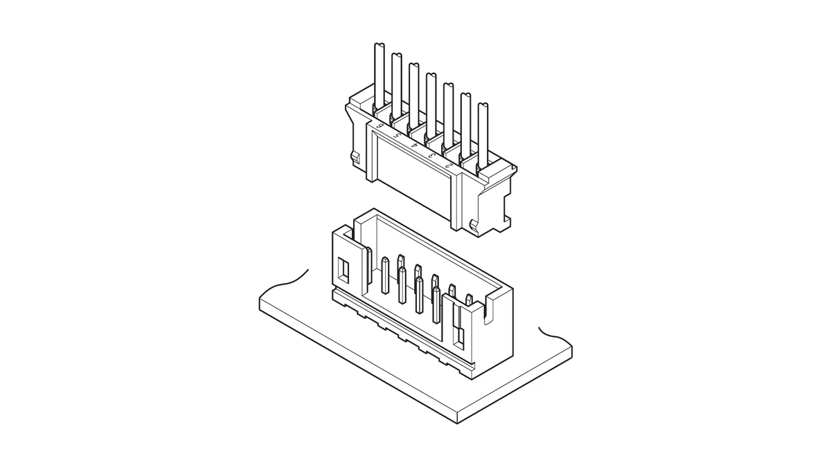 Line drawing of a JST PH wire housing above a shrouded vertical board header