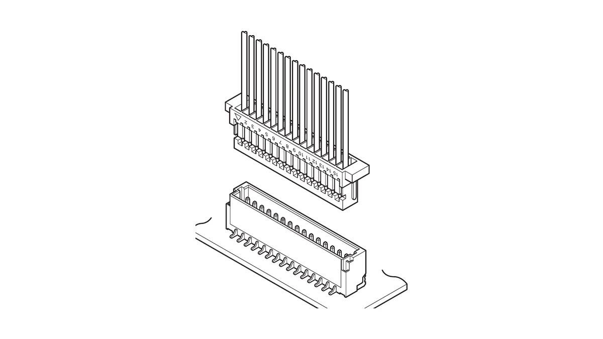 Line drawing of a long JST SH wire housing above a low-profile surface-mount board header