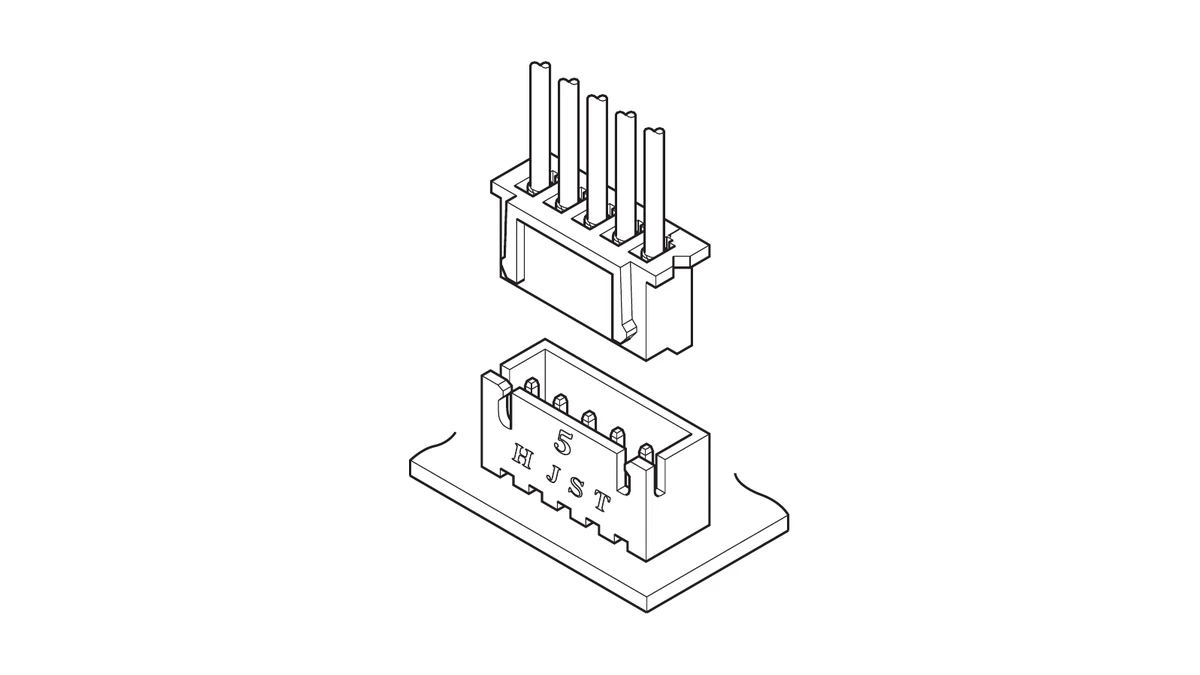 Line drawing of a five-position JST XH wire housing above a shrouded board header
