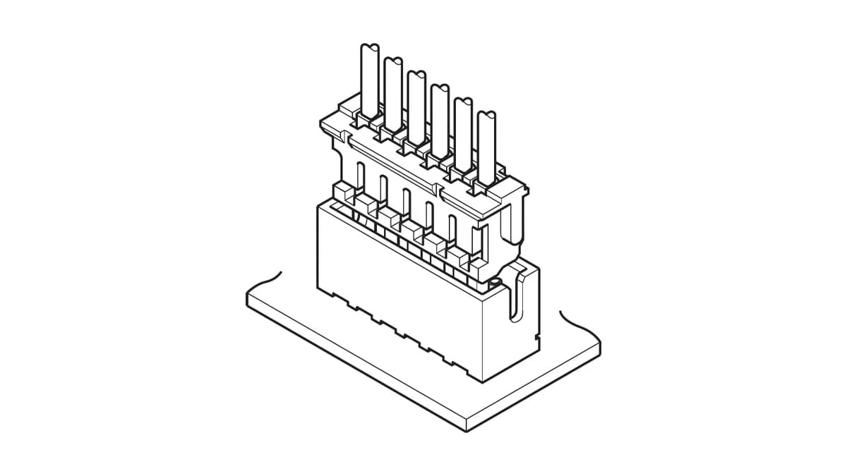 Line drawing of a six-position JST ZH wire housing aligned above a vertical board header