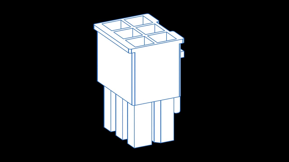 Wireframe CAD render of a Molex Mega-Fit 6-circuit dual-row receptacle housing