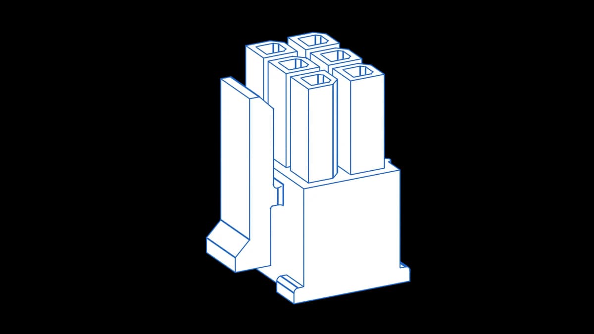 Wireframe CAD render of a Molex Micro-Fit 3.0 6-circuit dual-row receptacle housing