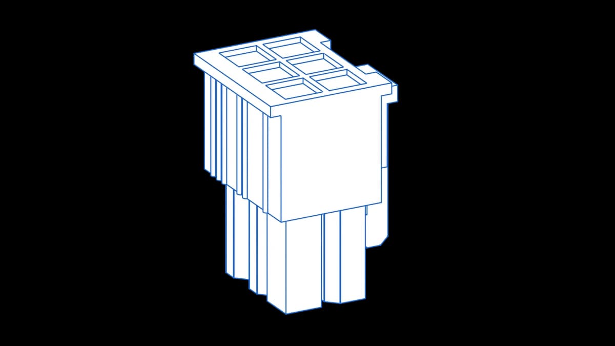 Wireframe CAD render of a Molex Mini-Fit Jr. 6-circuit dual-row receptacle housing