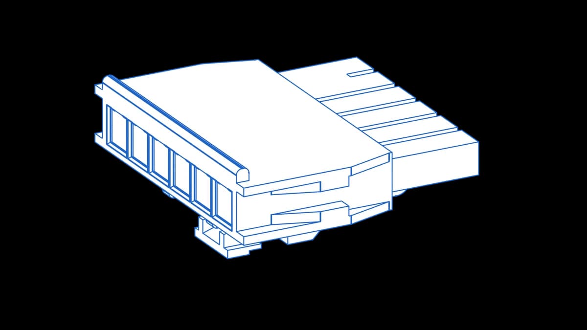 Wireframe CAD render of a Molex Nano-Fit 6-circuit single-row receptacle housing