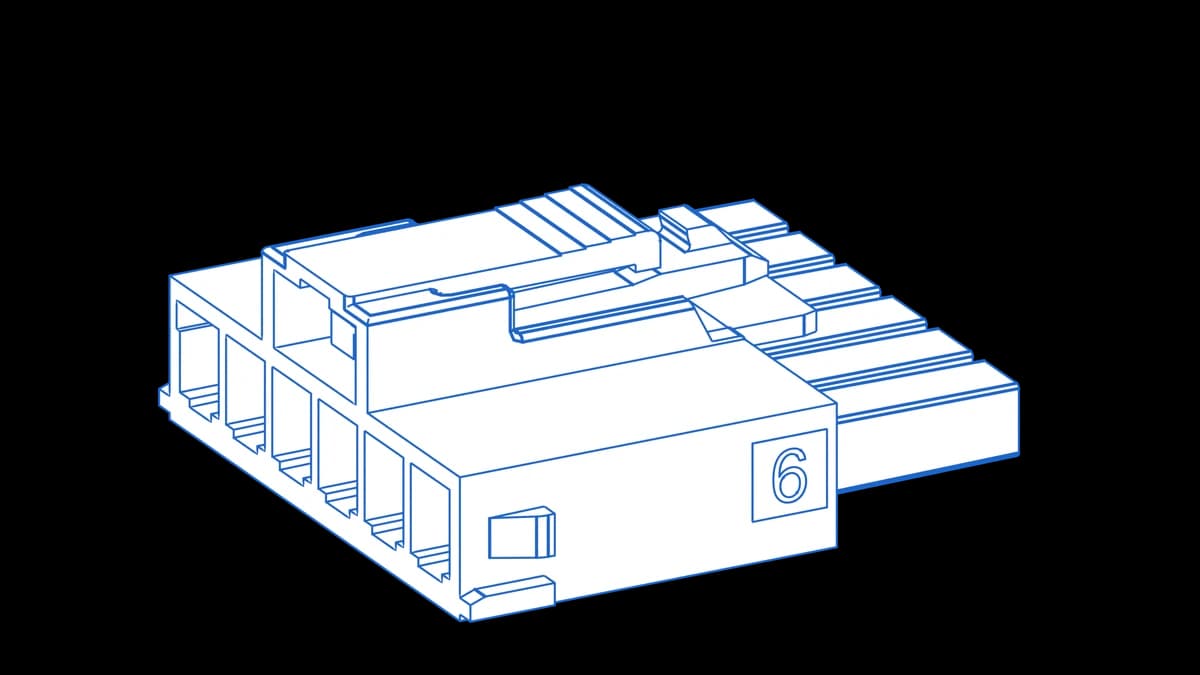 Wireframe CAD render of a Molex Ultra-Fit 6-circuit single-row receptacle housing