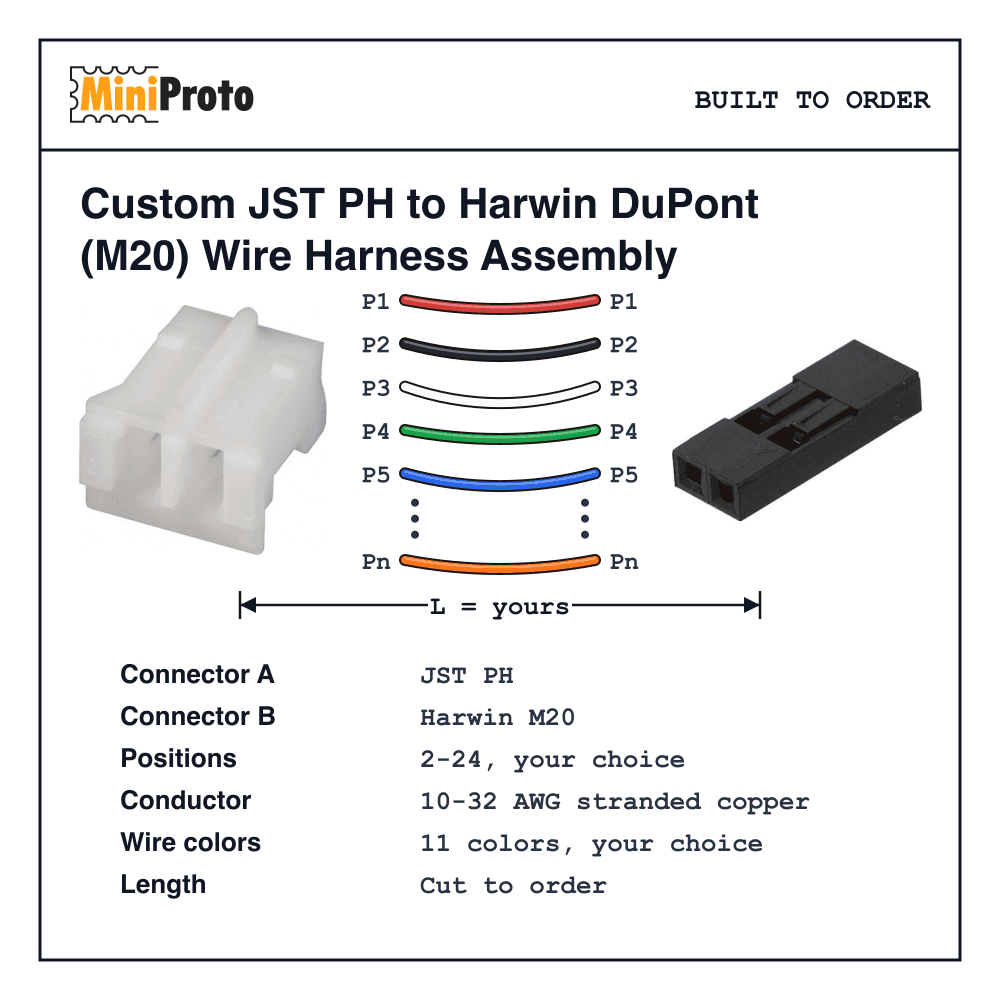 Custom JST PH to Harwin DuPont (M20) Wire Harness Assembly