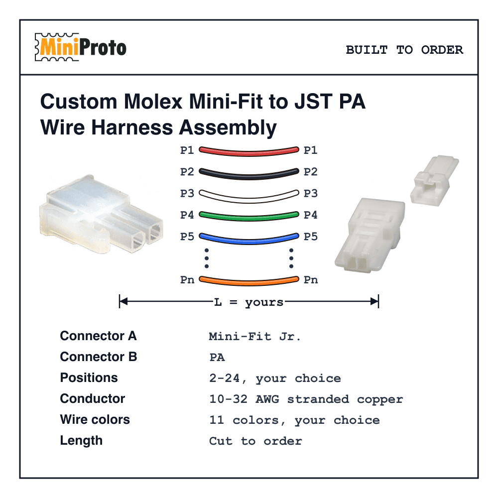 Custom Molex Mini-Fit to JST PA Wire Harness Assembly