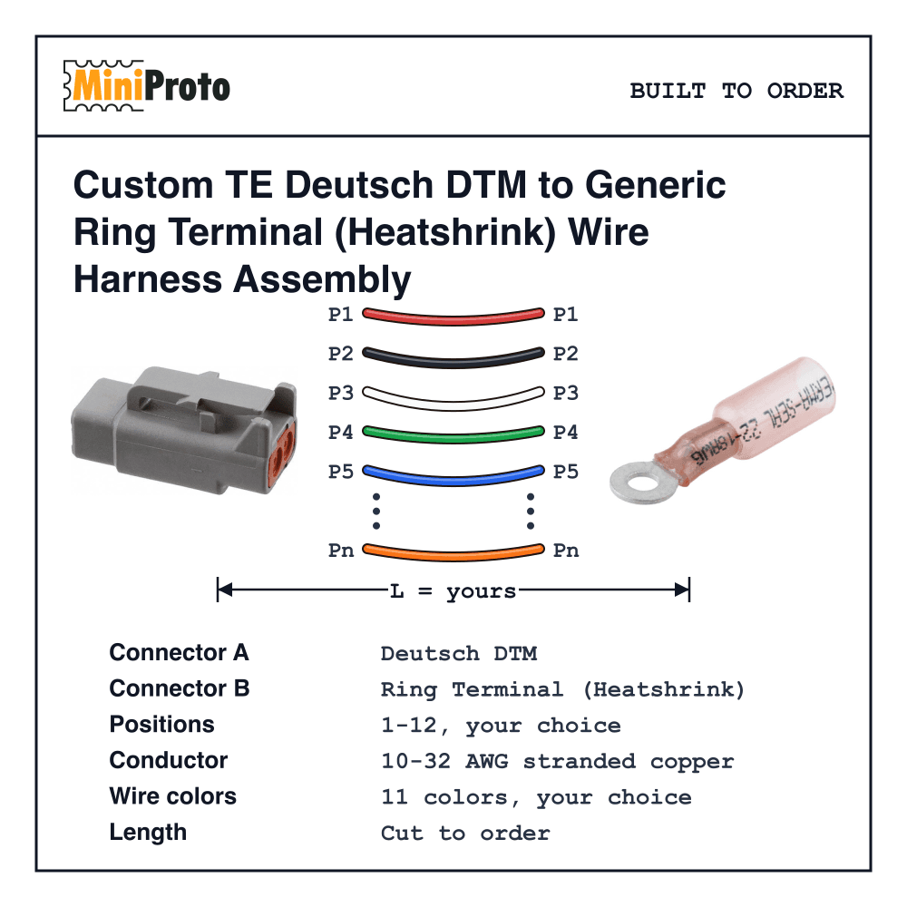 Custom TE Deutsch DTM to Generic Ring Terminal (Heatshrink) Wire Harness Assembly