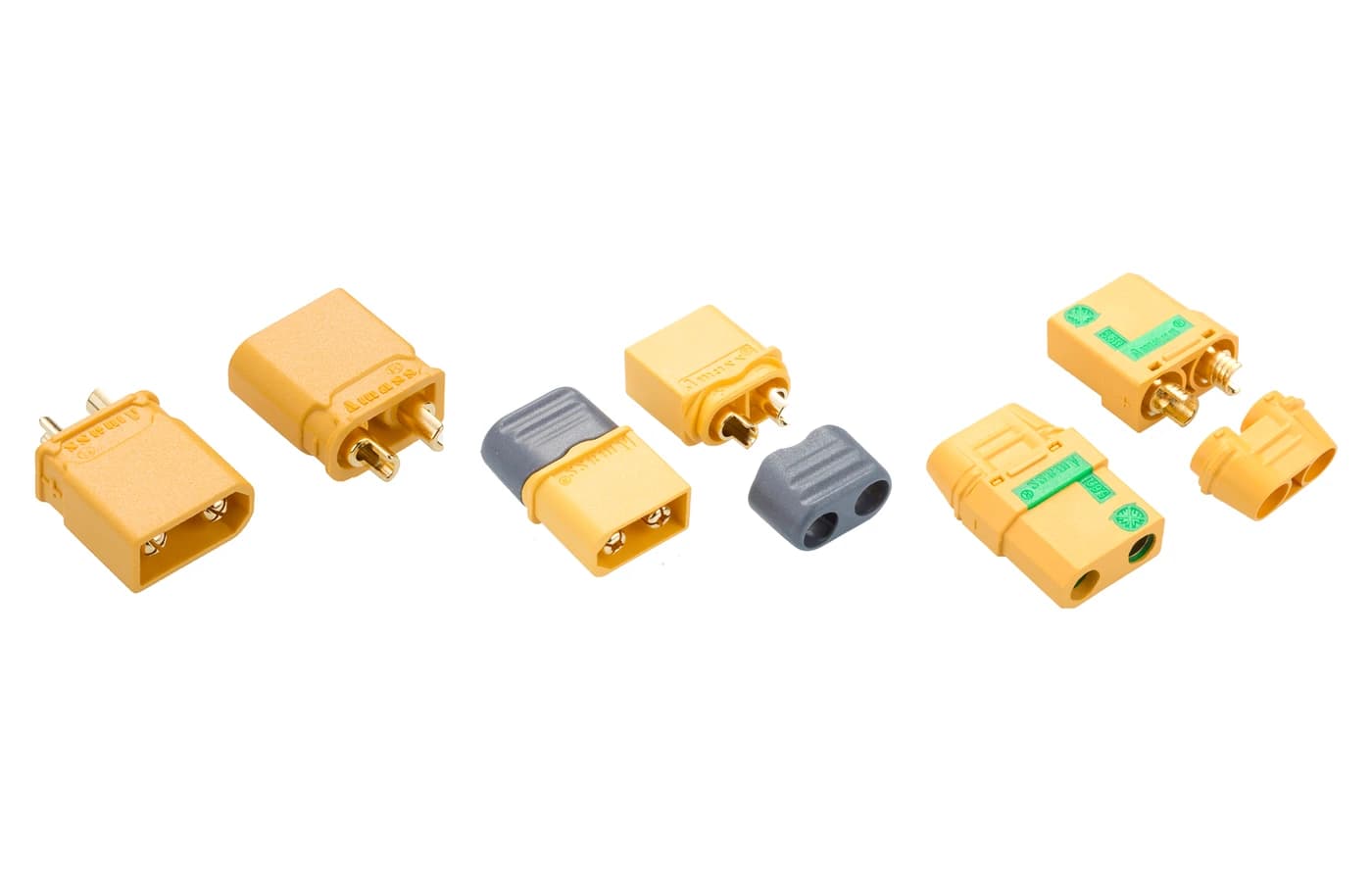 Official Amass product photos comparing XT30U, XT60H, and XT90S-F cable connectors