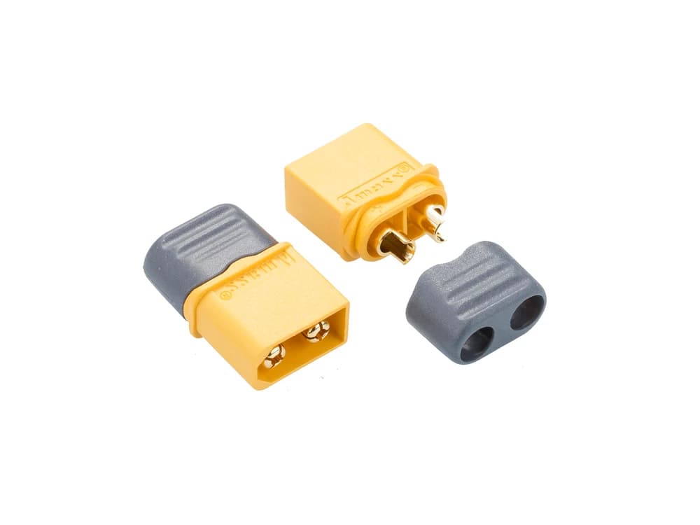 Official Amass photo of yellow XT60H cable connectors and gray back covers