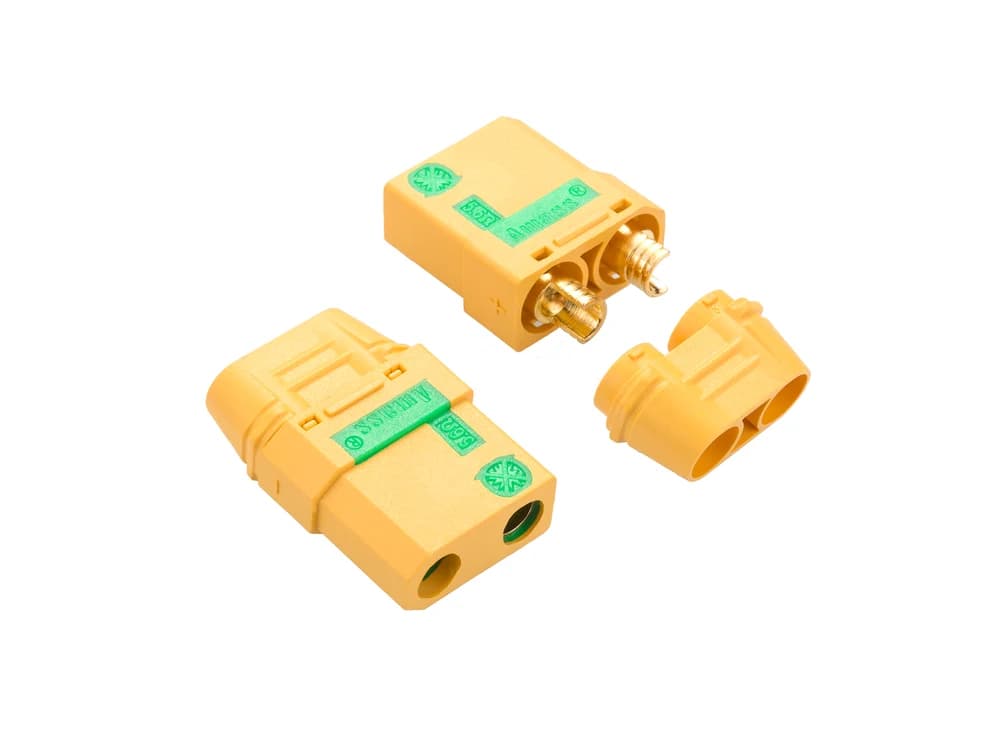 Official Amass photo of yellow XT90S-F anti-spark connector with green markings