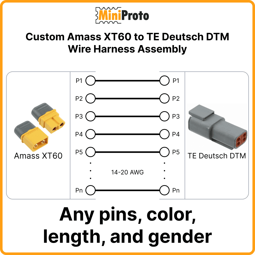 Custom Amass XT60 to TE Deutsch DTM Wire Harness Assembly