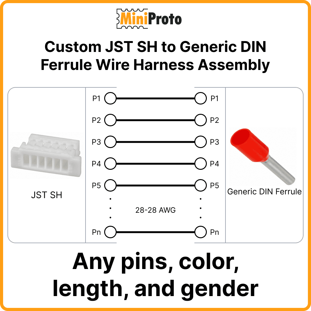 Custom JST SH to Generic DIN Ferrule Wire Harness Assembly