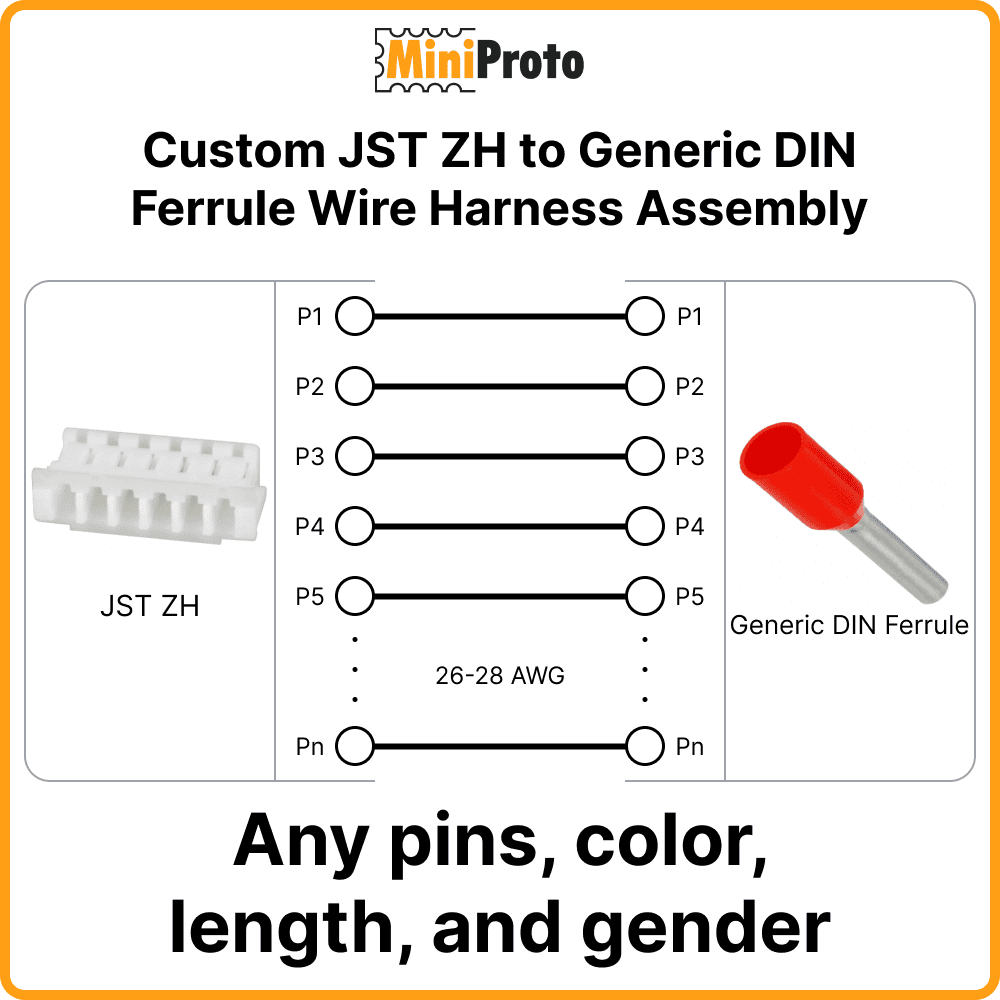 Custom JST ZH to Generic DIN Ferrule Wire Harness Assembly