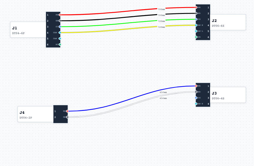 ConfiguratorV2 canvas with Deutsch DT connectors and routed wires