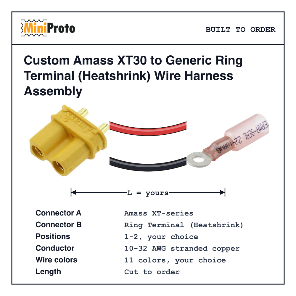 Custom Amass XT30 to Generic Ring Terminal (Heatshrink) Wire Harness Assembly