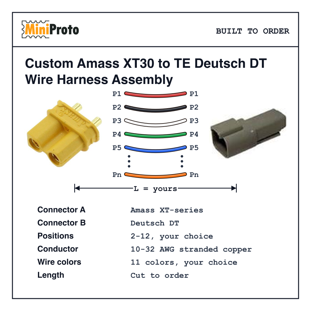 Custom Amass XT30 to TE Deutsch DT Wire Harness Assembly