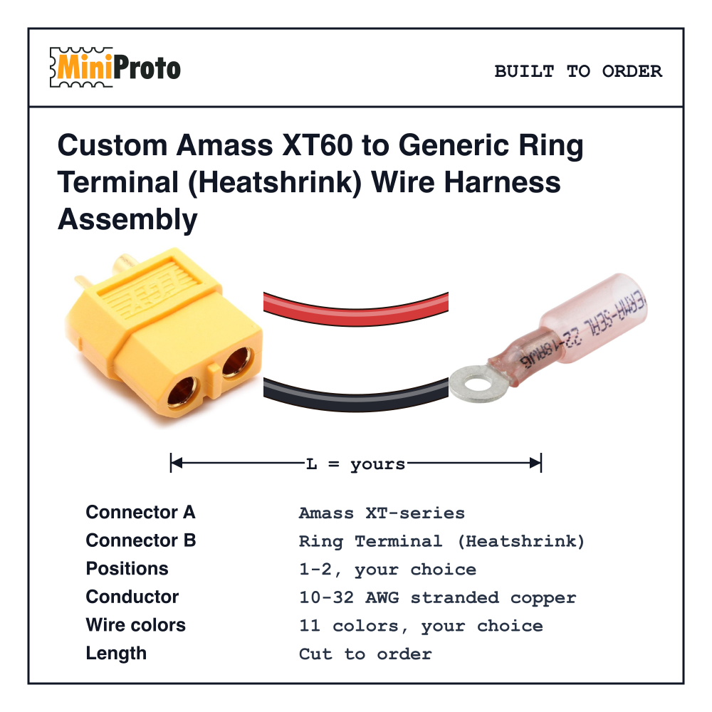 Custom Amass XT60 to Generic Ring Terminal (Heatshrink) Wire Harness Assembly