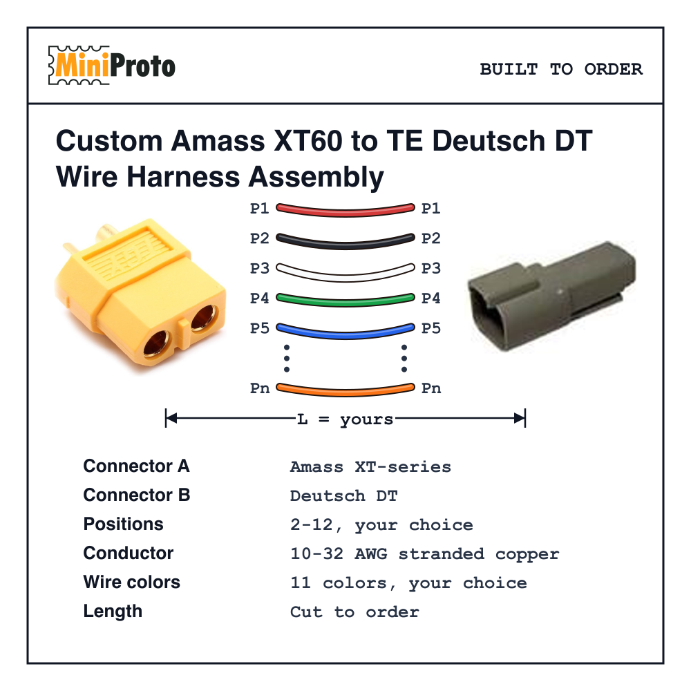 Custom Amass XT60 to TE Deutsch DT Wire Harness Assembly