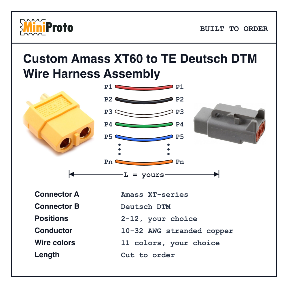 Custom Amass XT60 to TE Deutsch DTM Wire Harness Assembly