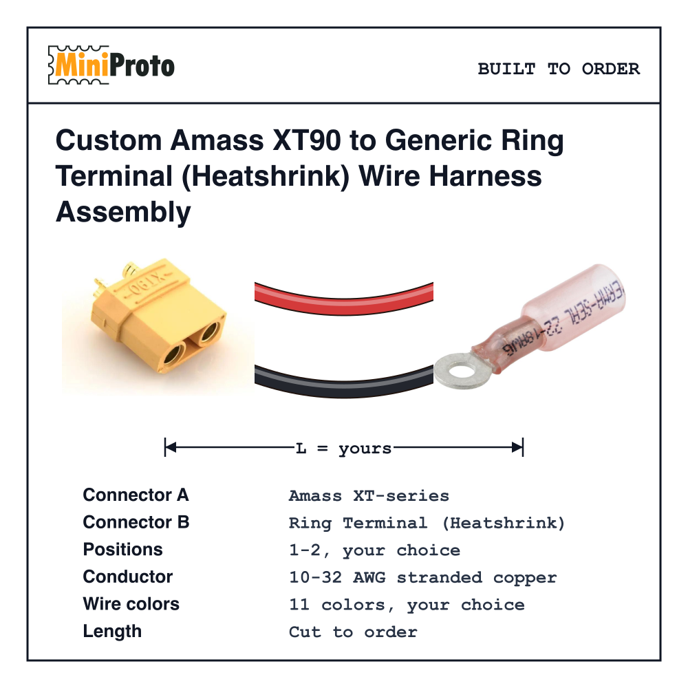 Custom Amass XT90 to Generic Ring Terminal (Heatshrink) Wire Harness Assembly