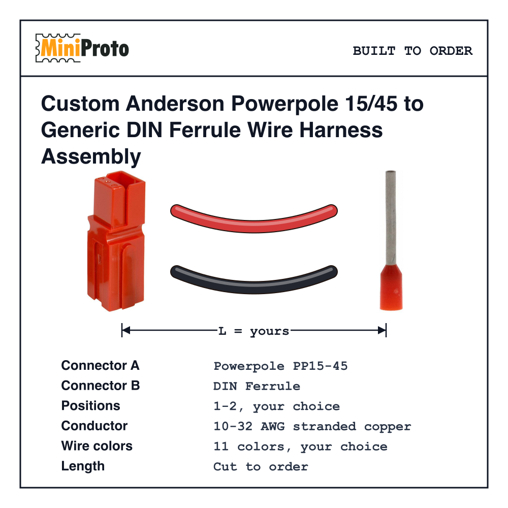 Custom Anderson Powerpole 15/45 to Generic DIN Ferrule Wire Harness Assembly