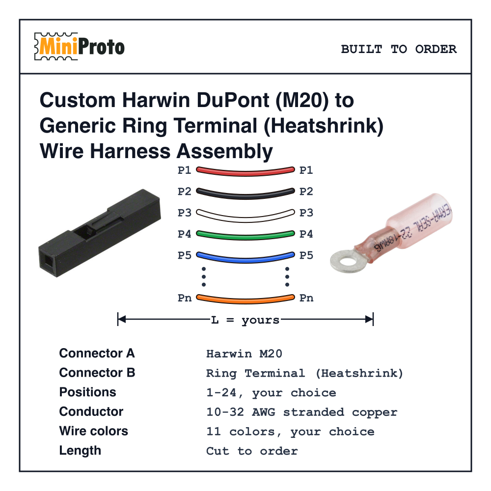 Custom Harwin DuPont (M20) to Generic Ring Terminal (Heatshrink) Wire Harness Assembly