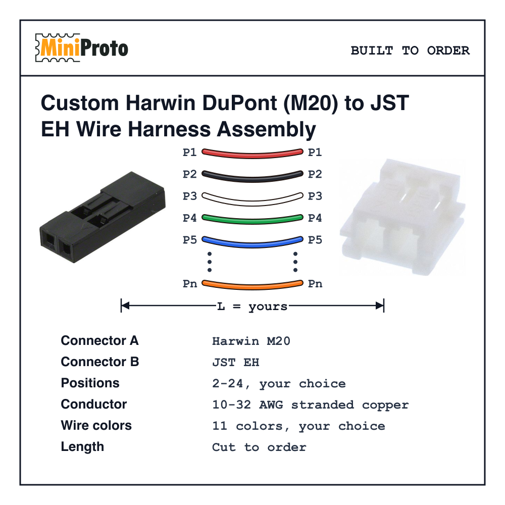Custom Harwin DuPont (M20) to JST EH Wire Harness Assembly