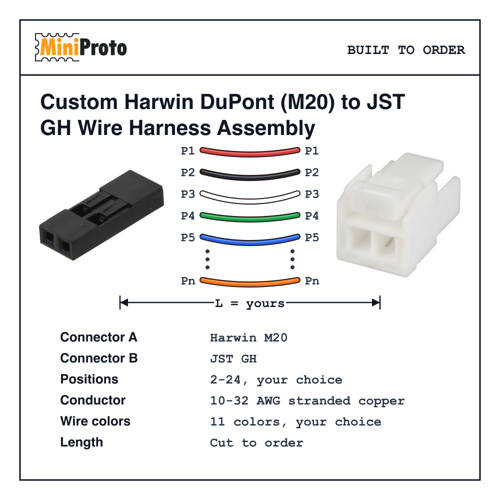 Custom Harwin DuPont (M20) to JST GH Wire Harness Assembly