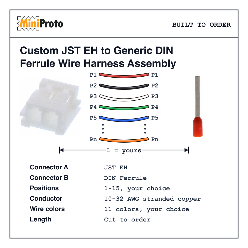 Custom JST EH to Generic DIN Ferrule Wire Harness Assembly