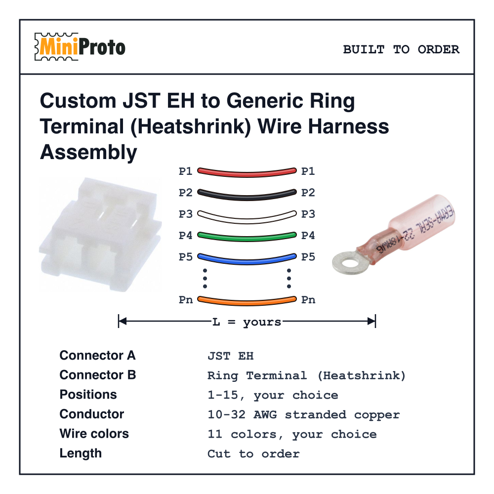 Custom JST EH to Generic Ring Terminal (Heatshrink) Wire Harness Assembly
