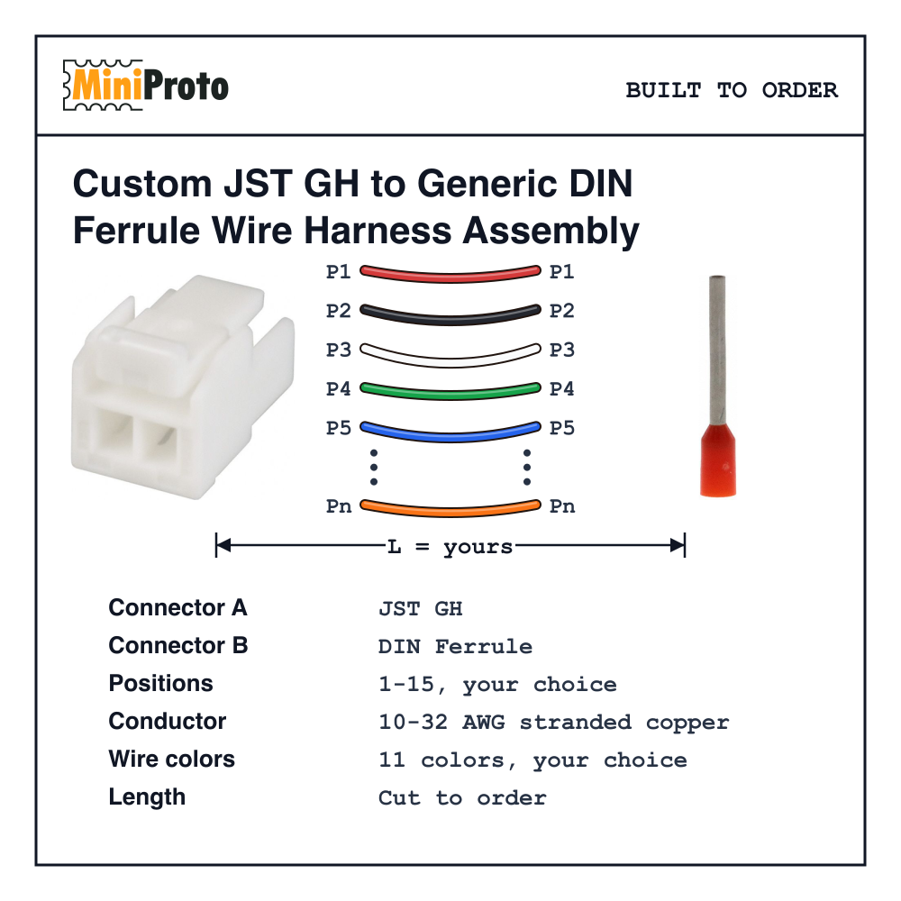 Custom JST GH to Generic DIN Ferrule Wire Harness Assembly