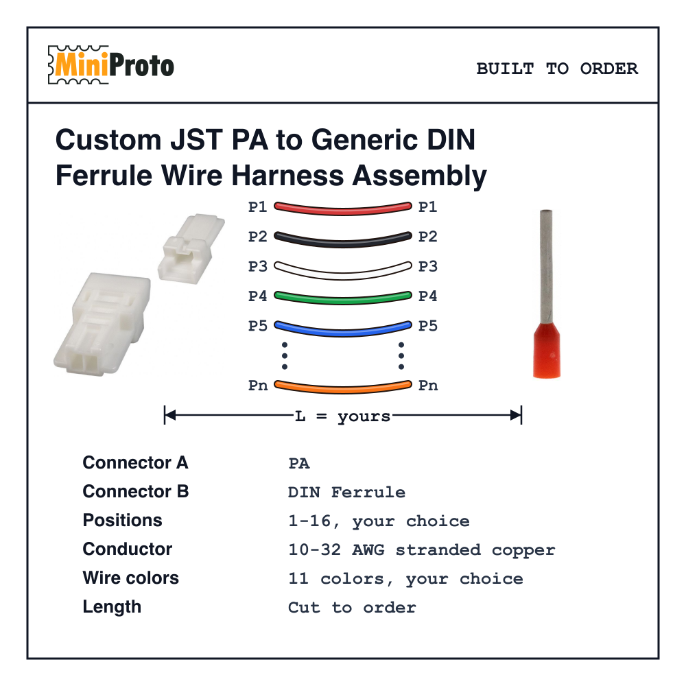 Custom JST PA to Generic DIN Ferrule Wire Harness Assembly