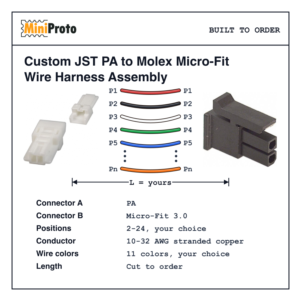 Custom JST PA to Molex Micro-Fit Wire Harness Assembly